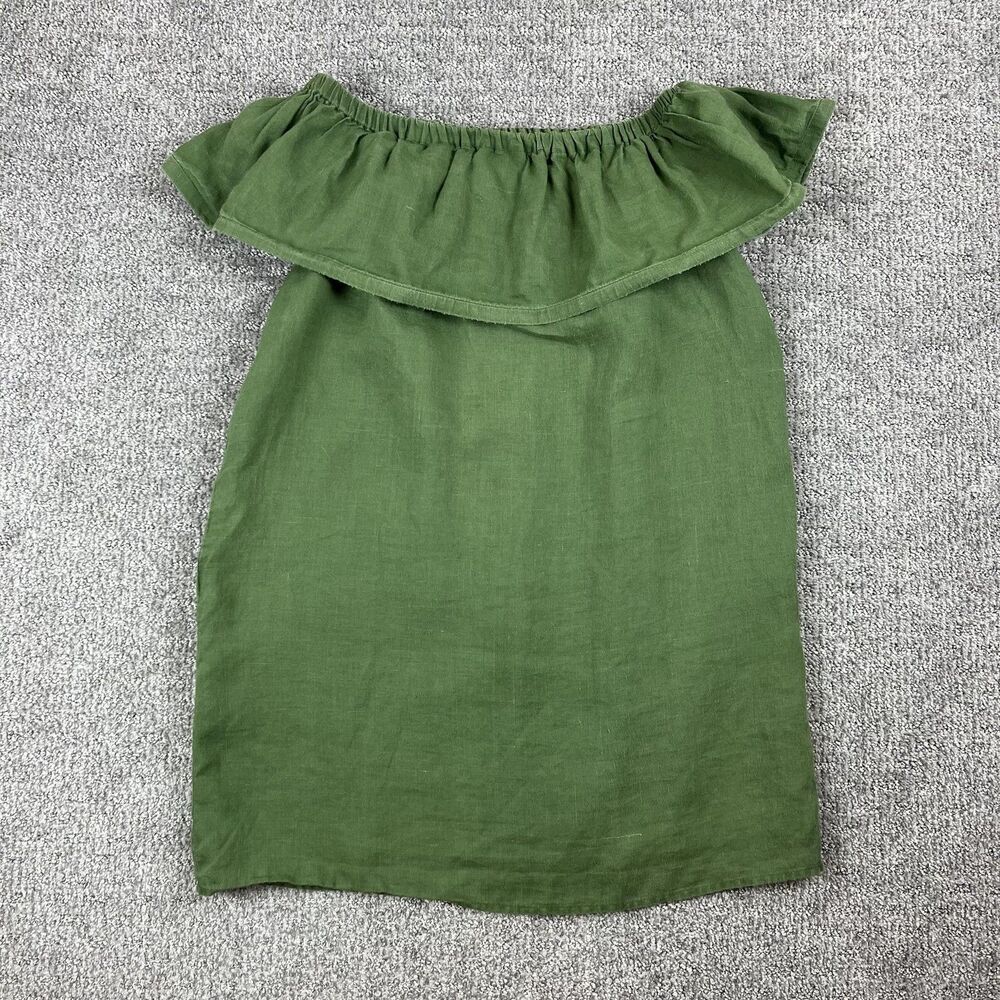 Line Dot Dress Womens Small Green Off Shoulder Ruffle Linen Summer Pockets
